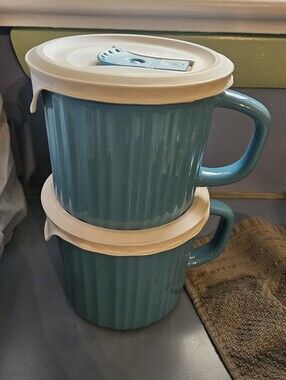 Set of 2 Corningware Teal Ceramic Mugs with White Lids